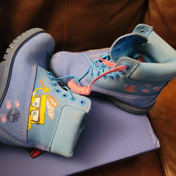 Timberland Premium 6 Waterproof Bright Blue Nubuck SpongeBob Boots US men SZ 7.5 - Picture 14 of 16